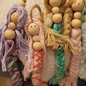 Handcrafted Wooden Bead Dolls with Colorful Yarn Hair